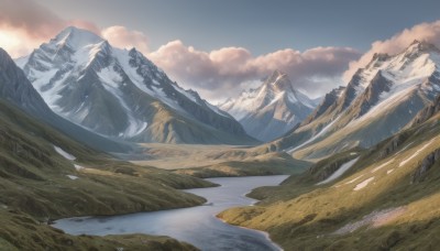 outdoors,sky,day,cloud,water,tree,blue sky,no humans,cloudy sky,grass,nature,scenery,snow,mountain,river,landscape,mountainous horizon