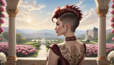 1girl,solo,short hair,brown hair,dress,bare shoulders,brown eyes,jewelry,closed mouth,upper body,flower,red hair,multicolored hair,earrings,outdoors,sky,sleeveless,day,looking back,cloud,from behind,tree,lips,eyelashes,tattoo,profile,makeup,sleeveless dress,rose,back,looking away,red dress,sunlight,cloudy sky,white flower,scenery,pink flower,sunset,mountain,nose,sun,bush,pink rose,pillar,castle,back tattoo,column,fountain,blue eyes,piercing,realistic,undercut,mohawk,peony (flower)