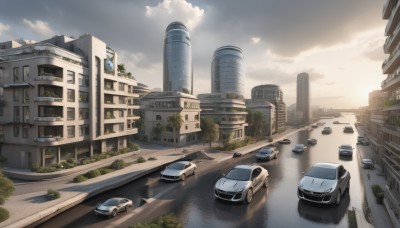 outdoors,sky,day,cloud,water,tree,blue sky,no humans,window,sunlight,cloudy sky,ground vehicle,building,scenery,motor vehicle,city,car,road,cityscape,ruins,vehicle focus,lamppost,street,skyscraper,truck,tire,sunset,crosswalk,real world location