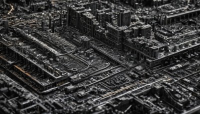 solo,monochrome,greyscale,outdoors,no humans,from above,building,scenery,city,cityscape,rooftop,city lights,blurry,depth of field,ground vehicle,road,skyscraper,train,railroad tracks