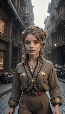 1girl,solo,long hair,looking at viewer,blue eyes,brown hair,long sleeves,dress,jewelry,closed mouth,standing,braid,cowboy shot,outdoors,belt,necklace,blurry,lips,grey eyes,depth of field,blurry background,ring,ground vehicle,building,motor vehicle,pendant,freckles,city,realistic,nose,arms at sides,road,street,breasts,cleavage,brown eyes,jacket,parted lips,day,pants,tiara,crown,cropped jacket,curly hair,brown jacket,brown pants