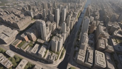 outdoors,tree,dutch angle,no humans,from above,building,scenery,city,road,cityscape,sky,day,bridge,river,skyscraper,landscape