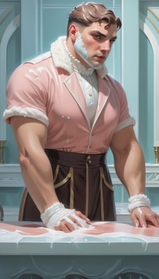 solo,short hair,brown hair,shirt,1boy,brown eyes,white shirt,short sleeves,male focus,indoors,apron,lips,fur trim,muscular,buttons,facial hair,muscular male,waist apron,bara,beard,pink shirt,mature male,realistic,mustache,manly,undercut,looking at viewer,jacket,pants,artist name,pectorals,large pectorals,pink jacket