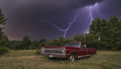 outdoors,sky,cloud,tree,no humans,night,cloudy sky,grass,ground vehicle,nature,scenery,motor vehicle,forest,electricity,car,vehicle focus,lightning,field,sports car