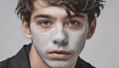 solo,looking at viewer,short hair,simple background,brown hair,shirt,black hair,1boy,brown eyes,closed mouth,male focus,grey background,black eyes,lips,grey eyes,black shirt,mask,facial hair,portrait,realistic,nose,straight-on,white background,beard,close-up