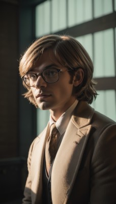 solo,looking at viewer,short hair,blue eyes,brown hair,shirt,1boy,brown eyes,closed mouth,jacket,white shirt,upper body,male focus,necktie,glasses,collared shirt,indoors,blurry,vest,book,blurry background,facial hair,formal,suit,black necktie,black-framed eyewear,brown jacket,realistic,stubble,bookshelf,brown vest,library,brown necktie,blonde hair,signature,scarf,lips