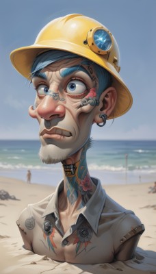 solo,short hair,blue eyes,shirt,1boy,hat,jewelry,closed mouth,blue hair,upper body,male focus,earrings,outdoors,sky,solo focus,choker,day,collared shirt,water,blurry,collar,blue sky,lips,tattoo,facial hair,ocean,beach,piercing,ear piercing,portrait,beard,science fiction,mustache,sand,android,cyborg,yellow headwear,neck tattoo,1girl,flower,cloud,rock,realistic,nose,old,facial tattoo,old man