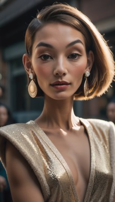 1girl,solo,breasts,looking at viewer,smile,short hair,brown hair,hat,dress,cleavage,brown eyes,jewelry,closed mouth,collarbone,upper body,earrings,small breasts,solo focus,blurry,lips,no bra,makeup,depth of field,blurry background,forehead,realistic,nose,center opening,straw hat,red lips,plunging neckline,medium breasts,parted lips,artist name,black eyes,breasts apart,dirty