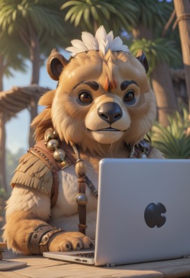 solo,looking at viewer,1boy,brown eyes,jewelry,sitting,upper body,male focus,outdoors,day,artist name,necklace,blurry,bracelet,tree,no humans,blurry background,table,thick eyebrows,feathers,gem,furry,palm tree,feather hair ornament,computer,laptop,teeth,depth of field,lion