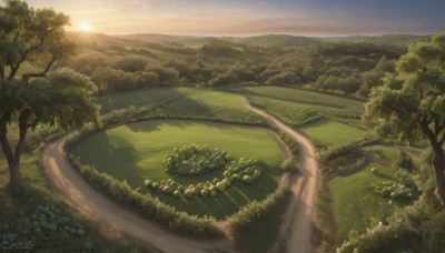 outdoors,sky,cloud,signature,water,tree,no humans,sunlight,grass,nature,scenery,forest,sunset,mountain,sun,road,river,landscape,path,plant,bush