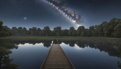 outdoors,sky,cloud,water,tree,no humans,night,grass,star (sky),nature,night sky,scenery,forest,starry sky,reflection,stairs,bridge,river,lake,bench,reflective water,milky way