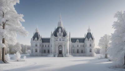 outdoors,sky,day,cloud,tree,blue sky,no humans,window,building,scenery,snow,winter,bare tree,castle,tower,church,bird,cloudy sky,fantasy,architecture,fog