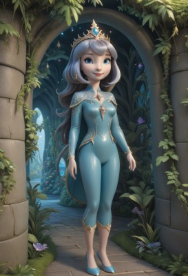 1girl,solo,long hair,breasts,looking at viewer,smile,open mouth,blue eyes,long sleeves,jewelry,standing,full body,flower,grey hair,small breasts,shoes,pants,artist name,cape,high heels,lips,bodysuit,night,watermark,tiara,crown,plant,skin tight,web address,blue footwear,leaf,gem,vines