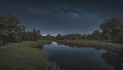 outdoors,sky,cloud,water,tree,no humans,night,grass,star (sky),nature,night sky,scenery,forest,starry sky,reflection,river,lake,1girl,road,field,landscape