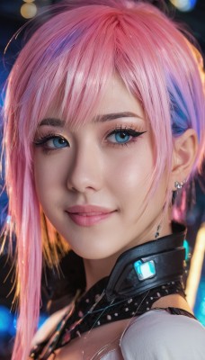 1girl,solo,long hair,looking at viewer,smile,short hair,bangs,blue eyes,jewelry,pink hair,multicolored hair,earrings,parted lips,blurry,two-tone hair,lips,eyelashes,makeup,blurry background,piercing,ear piercing,portrait,close-up,asymmetrical hair,realistic,nose,mascara,cyberpunk,blue hair,sidelocks,teeth,depth of field,eyeshadow,eyeliner,bokeh