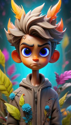 solo,looking at viewer,short hair,blue eyes,brown hair,1boy,closed mouth,jacket,upper body,flower,grey hair,male focus,outdoors,hood,blurry,hoodie,blurry background,frown,leaf,thick eyebrows,hood down,feathers,plant,child,anger vein,angry,freckles,blue flower,antlers,male child,grey hoodie,multicolored hair,artist name,watermark,spiked hair,zipper