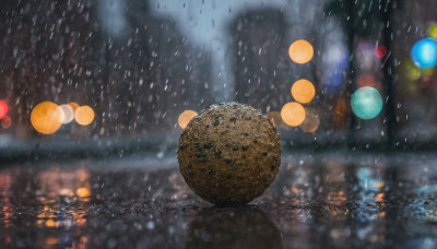 outdoors, blurry, no humans, night, depth of field, blurry background, scenery, reflection, rain, water drop, bokeh, city lights