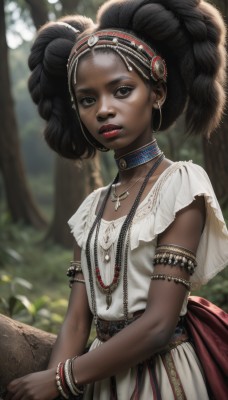 1girl,solo,looking at viewer,black hair,dress,brown eyes,jewelry,upper body,hairband,earrings,outdoors,parted lips,choker,day,dark skin,necklace,white dress,blurry,black eyes,bracelet,dark-skinned female,tree,lips,makeup,depth of field,blurry background,headband,nature,forehead,armlet,forest,freckles,curly hair,hoop earrings,realistic,nose,big hair,neck ring,very dark skin,dreadlocks,tribal,long hair,breasts,hair ornament,small breasts,teeth,sleeveless,sleeveless dress