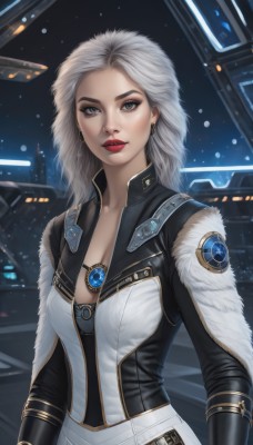 1girl,solo,long hair,breasts,looking at viewer,cleavage,jewelry,medium breasts,upper body,white hair,grey hair,earrings,necklace,lips,grey eyes,fur trim,makeup,night,lipstick,pendant,eyeshadow,science fiction,nose,red lips,gloves,artist name,signature,cape,bodysuit,gem,star (sky),realistic,space