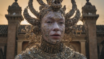 1girl,solo,looking at viewer,jewelry,closed mouth,outdoors,horns,blurry,black eyes,lips,dutch angle,depth of field,blurry background,helmet,crown,building,portrait,realistic,fake horns,gold,earrings,sky,necklace,chain,veil,headdress,architecture