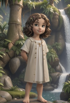 1girl,solo,looking at viewer,smile,short hair,brown hair,hair ornament,dress,brown eyes,jewelry,closed mouth,standing,full body,short sleeves,outdoors,barefoot,hairclip,dark skin,medium hair,water,necklace,white dress,bracelet,dark-skinned female,tree,lips,toes,wavy hair,arms behind back,plant,child,nature,curly hair,rock,female child,waterfall,collarbone,day,artist name,flat chest,leaf,watermark,sunlight,grass