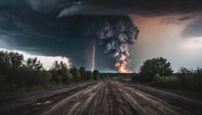 outdoors,sky,cloud,tree,no humans,cloudy sky,grass,nature,scenery,forest,smoke,mountain,road,bush,landscape,path,day,lightning