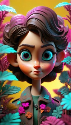 1girl,solo,looking at viewer,short hair,blue eyes,brown hair,shirt,closed mouth,green eyes,jacket,upper body,flower,artist name,blurry,lips,depth of field,leaf,plant,portrait,yellow background,pink flower,freckles,blue flower,curly hair,sunset,multicolored eyes,orange background,purple flower,black hair,eyelashes,watermark,child,zipper,backlighting,unzipped,female child