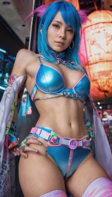 1girl,solo,long hair,breasts,looking at viewer,blue eyes,large breasts,thighhighs,gloves,navel,cleavage,jewelry,medium breasts,underwear,blue hair,swimsuit,bikini,cowboy shot,earrings,detached sleeves,elbow gloves,midriff,belt,fingerless gloves,bra,mole,lips,hand on hip,blue bikini,hoop earrings,lantern,realistic,nose,bare shoulders,standing,watermark,bikini top only,zipper,contrapposto,pink thighhighs