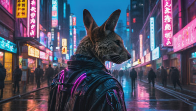 animal ears, jacket, upper body, outdoors, sky, black jacket, night, animal, cat, building, scenery, furry, reflection, science fiction, city, sign, road, street, city lights, cyberpunk, neon lights