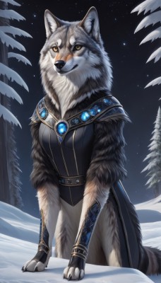 1girl,solo,breasts,looking at viewer,smile,brown eyes,jewelry,closed mouth,standing,yellow eyes,outdoors,sky,belt,artist name,signature,cape,armor,tree,no humans,night,animal,brooch,shoulder armor,gem,star (sky),night sky,furry,snow,starry sky,snowing,furry female,white fur,winter,wolf,pine tree,tail,claws