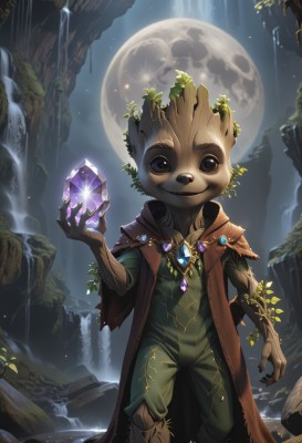 solo,looking at viewer,smile,1boy,animal ears,brown eyes,jewelry,standing,male focus,outdoors,water,cape,night,leaf,moon,plant,gem,furry,full moon,crystal,rock,furry male,vines,waterfall,open mouth,sky,teeth,artist name,black eyes,star (sky),night sky,starry sky,fantasy