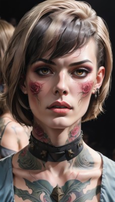 1girl,solo,looking at viewer,short hair,bangs,blonde hair,brown hair,black hair,brown eyes,jewelry,collarbone,flower,multicolored hair,earrings,parted lips,choker,collar,two-tone hair,lips,eyelashes,tattoo,makeup,rose,piercing,lipstick,black background,ear piercing,portrait,eyeshadow,reflection,realistic,nose,red lips,eyeliner,facial tattoo,mascara,neck tattoo,flower tattoo,multiple girls,simple background,shirt,2girls,teeth,solo focus,black collar,chest tattoo