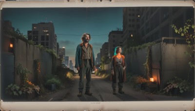 1girl,short hair,brown hair,shirt,black hair,long sleeves,1boy,holding,standing,jacket,white shirt,male focus,outdoors,multiple boys,sky,shoes,pants,2boys,bag,black footwear,night,facial hair,black pants,plant,building,beard,walking,city,potted plant,weapon