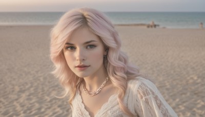 1girl,solo,long hair,looking at viewer,smile,blonde hair,dress,jewelry,closed mouth,upper body,earrings,outdoors,solo focus,day,necklace,white dress,blurry,lips,grey eyes,depth of field,blurry background,ocean,wavy hair,beach,portrait,freckles,realistic,nose,sand,pearl necklace,blue eyes,sky,makeup