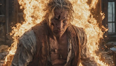 solo,looking at viewer,short hair,blue eyes,blonde hair,shirt,1boy,jewelry,closed mouth,white shirt,upper body,male focus,open clothes,indoors,necklace,blurry,vest,window,open shirt,blurry background,facial mark,fire,pectorals,realistic,manly,explosion,torn shirt,debris,burning,fireplace,lips,torn clothes