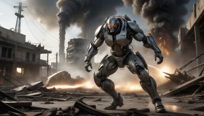 HQ,solo,red eyes,1boy,standing,outdoors,sky,military,no humans,glowing,fire,robot,building,mecha,glowing eyes,smoke,science fiction,city,realistic,military vehicle,cable,explosion,ruins,power lines,damaged,utility pole,debris,dust,destruction,rubble,cloud,signature,battle