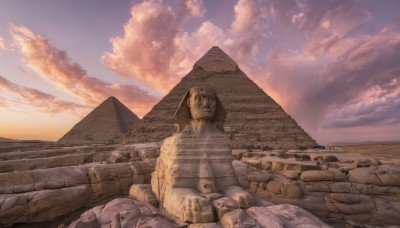 solo,outdoors,sky,cloud,dutch angle,no humans,cloudy sky,scenery,sunset,rock,ruins,statue,blue sky,sunlight,mountain,landscape,desert,stone