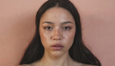 1girl,solo,long hair,looking at viewer,simple background,brown hair,black hair,brown eyes,parted lips,mole,lips,portrait,freckles,realistic,teeth,blood,pink background,forehead,brown background,blood on face