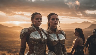 long hair,breasts,short hair,multiple girls,brown hair,black hair,2girls,outdoors,multiple boys,sky,cloud,3girls,armor,blurry,lips,cloudy sky,shoulder armor,breastplate,mountain,realistic,soldier,1boy,upper body,weapon,dark skin,science fiction,sunset