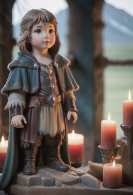 1girl,solo,short hair,blue eyes,brown hair,long sleeves,jewelry,standing,full body,boots,outdoors,day,belt,artist name,necklace,cape,blurry,lips,book,fur trim,capelet,depth of field,blurry background,knee boots,gem,child,snow,pendant,circlet,rock,fantasy,arms at sides,female child,candle,looking afar,candlelight,long hair,fire,aged down,realistic