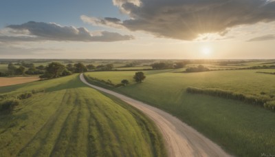 outdoors,sky,day,artist name,cloud,signature,tree,blue sky,no humans,sunlight,cloudy sky,grass,nature,scenery,forest,sunset,mountain,sun,horizon,road,field,landscape,path,hill,bush