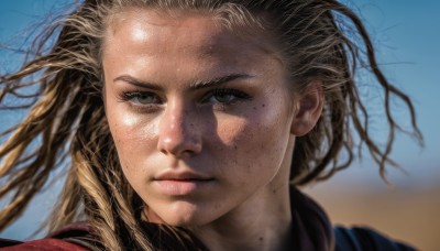 1girl,solo,long hair,looking at viewer,blonde hair,brown hair,brown eyes,closed mouth,outdoors,sky,day,mole,blurry,blue sky,lips,floating hair,depth of field,blurry background,wind,messy hair,portrait,forehead,freckles,realistic,nose,tree,eyelashes,close-up,dirty,dirty face