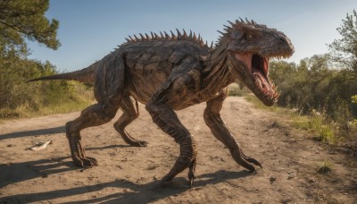 solo,open mouth,tail,outdoors,sky,teeth,day,tree,blue sky,no humans,shadow,sharp teeth,nature,claws,monster,realistic,dinosaur,kaijuu,yellow eyes,grass,spikes,forest