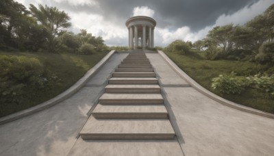 outdoors,sky,day,cloud,tree,blue sky,no humans,shadow,cloudy sky,grass,plant,nature,scenery,forest,stairs,road,bush,path,stone stairs,fog