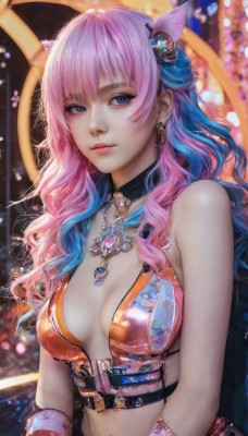 1girl,solo,long hair,breasts,looking at viewer,bangs,blue eyes,hair ornament,navel,animal ears,cleavage,bare shoulders,jewelry,medium breasts,closed mouth,blue hair,upper body,pink hair,multicolored hair,earrings,choker,midriff,shiny,belt,cat ears,necklace,blurry,two-tone hair,lips,gradient hair,makeup,blurry background,wavy hair,piercing,gem,breasts apart,realistic,gloves,artist name,eyelashes,watermark,feathers,feather hair ornament,miqo'te