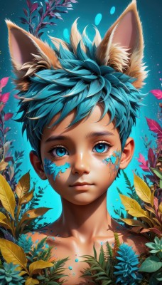 solo,looking at viewer,short hair,blue eyes,1boy,animal ears,closed mouth,blue hair,collarbone,upper body,flower,male focus,cat ears,lips,fox ears,eyelashes,leaf,blue background,facial mark,plant,portrait,extra ears,freckles,nose,bangs,sky,artist name,star (sky),web address,topless male,underwater,facepaint,male child,bodypaint,paint splatter