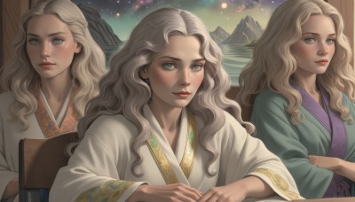 1girl,long hair,looking at viewer,blush,smile,blue eyes,multiple girls,blonde hair,long sleeves,sitting,closed mouth,green eyes,upper body,grey hair,japanese clothes,sky,wide sleeves,kimono,lips,multiple views,night,wavy hair,chair,star (sky),night sky,starry sky,freckles,robe,mountain,red lips,white robe,outdoors,makeup,watermark,crossed arms,realistic,nose