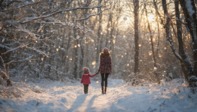 multiple girls, long sleeves, hat, 2girls, standing, jacket, boots, outdoors, pants, hood, from behind, scarf, blurry, tree, coat, depth of field, holding hands, black pants, child, nature, scenery, snow, forest, snowing, winter clothes, wide shot, winter, bare tree, footprints