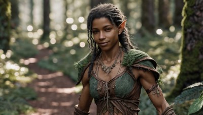 1girl,solo,long hair,breasts,looking at viewer,smile,black hair,brown eyes,jewelry,upper body,braid,earrings,outdoors,pointy ears,dark skin,necklace,armor,blurry,dark-skinned female,lips,depth of field,blurry background,leaf,elf,shoulder armor,nature,armlet,forest,pauldrons,realistic,nose,dreadlocks,tooth necklace