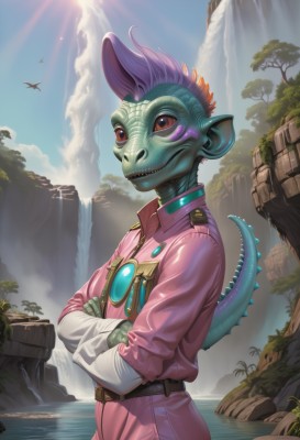 solo,red eyes,1boy,standing,tail,purple hair,male focus,outdoors,sky,teeth,day,pointy ears,belt,cloud,water,tree,blue sky,colored skin,bird,crossed arms,sunlight,sharp teeth,wading,dragon,sun,green skin,waterfall,alien,cliff,lizard tail,lizard,gloves,blue skin